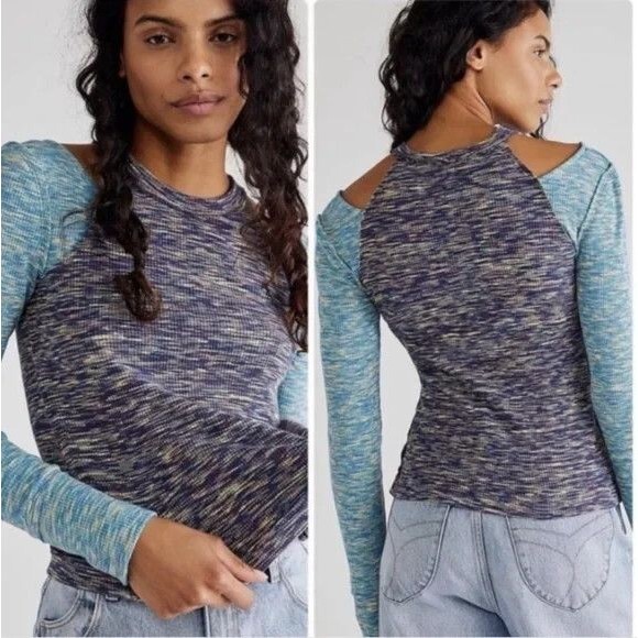 Free People Out of Control Top Shirt Women's Small Blue Cold Shoulder Casual - Picture 1 of 9